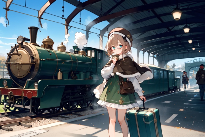 Red haired, blue eyed, fox eared girl, green dress, small shawl, beret, steam style glasses, brown leather suitcase, bronze steam train, steam train station, newspaper, robot bird