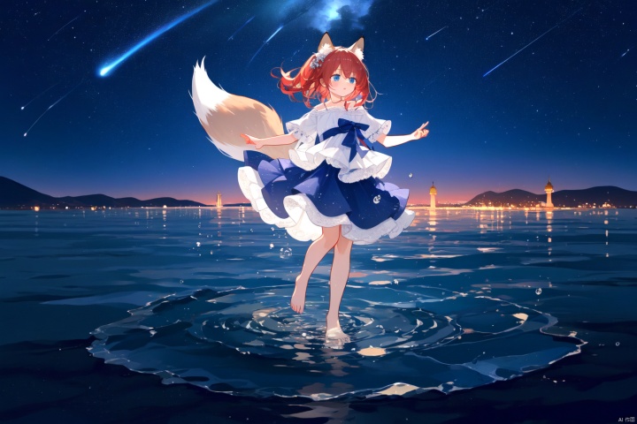 Layered white lace skirt, water surface, full body picture, barefoot stepping on the water surface, ripples, falling from the sky to the water surface, red hair, blue eyes, fox ear girl, starry sky, dancing posture