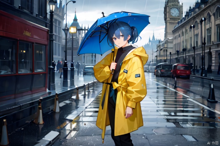 Overcast, rainy, umbrella, yellow raincoat, blue hair, hair length up to waist, male, full body picture,London