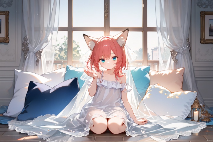 Red haired, blue eyed, fox eared girl, floor to ceiling glass window, lace light veil curtains, nightgown, cute pillow, sitting on the ground, holding a hand drawn board