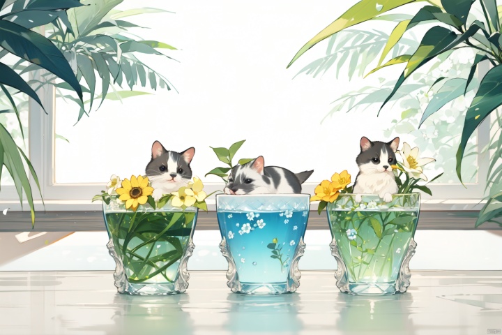 (cups, flowers, small animals), different colors, a series