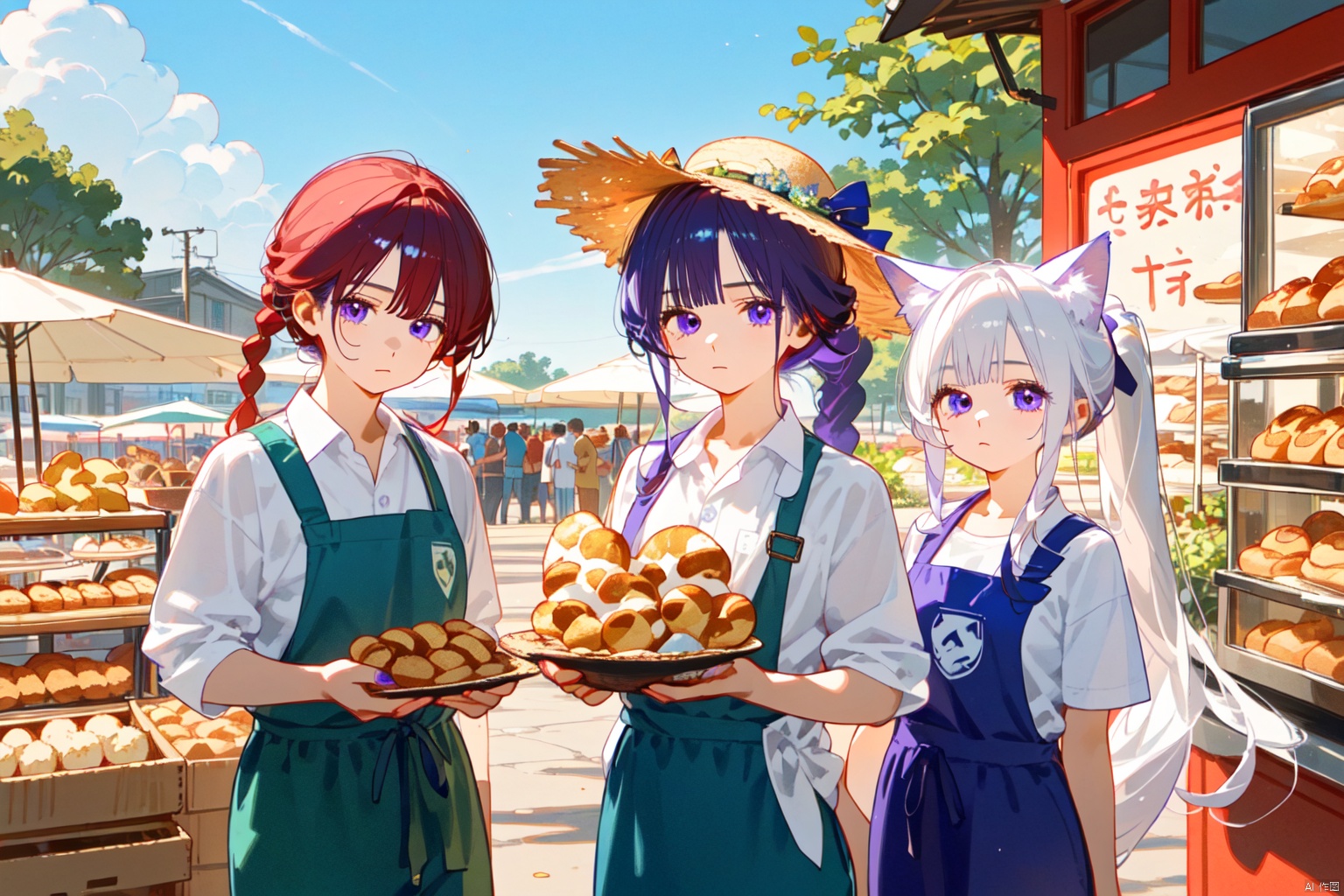 (Girl, red hair, blue eyes, fox ears, slightly curled long hair, Fried Dough Twists braids, straw hats, aprons, green skirts, bouquets)

(Youth man, purple eyes, white hair, wolf ears, ponytail, dark blue work pants, white shirt)

Bakery, Market