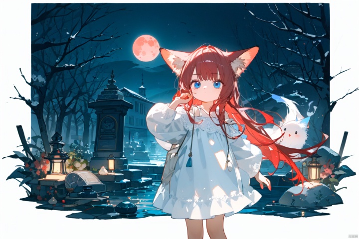 Clusteramaryllis, stone garlic, little girl with red hair, fox ears, blue eyes, white dress, characters occupying a small space in the picture, landscape painting, red moon, eerie atmosphere, ghost cat, Lycoris radiata