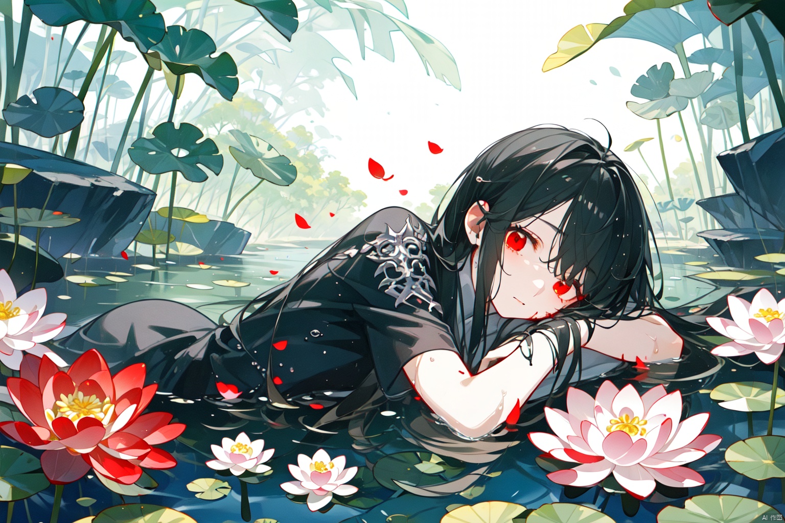 Taoist, lying on a river of blood, holding lotus flowers in his hand. The lotus flowers are stacked on top of him, creating a dark atmosphere. A girl with black hair and red eyes is lying in the water, creating a dark, evil, and gloomy atmosphere. Dark tone,lying,lying in the water,
仰躺supine

