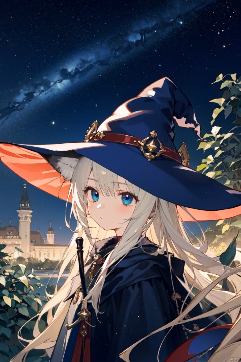 Red long hair, fox ears, blue eyes, girl, witch hat, looking out from the bushes, starry light