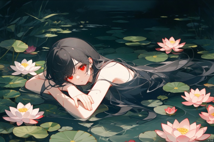 Taoist, lying on a river of blood, holding lotus flowers in his hand. The lotus flowers are stacked on top of him, creating a dark atmosphere. A girl with black hair and red eyes is lying in the water, creating a dark, evil, and gloomy atmosphere. Dark tone,lying,lying in the water

