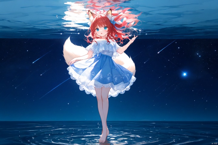 Layered white lace skirt, water surface, full body picture, barefoot stepping on the water surface, ripples, falling from the sky to the water surface, red hair, blue eyes, fox ear girl, starry sky, dancing posture