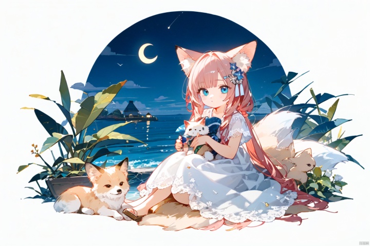 At night, in the flower sea, there is a shining crescent moon in the middle of the flower sea. Sitting there is a little girl with red hair, fox ears, blue eyes, and a white dress
