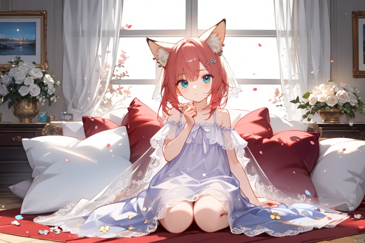 Red haired, blue eyed, fox eared girl, floor to ceiling glass window, lace light veil curtains, nightgown, cute pillow, sitting on the ground, holding a hand drawn board