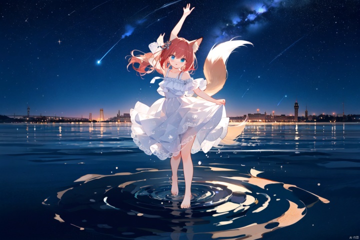 Layered white lace skirt, water surface, full body picture, barefoot stepping on the water surface, ripples, falling from the sky to the water surface, red hair, blue eyes, fox ear girl, starry sky, dancing