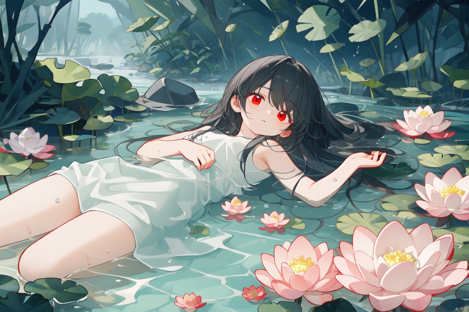 Taoist, lying on a river of blood, holding lotus flowers in his hand. The lotus flowers are stacked on top of him, creating a dark atmosphere. A girl with black hair and red eyes is lying in the water, creating a dark, evil, and gloomy atmosphere. Dark tone,lying,lying in the water,
仰躺supine

