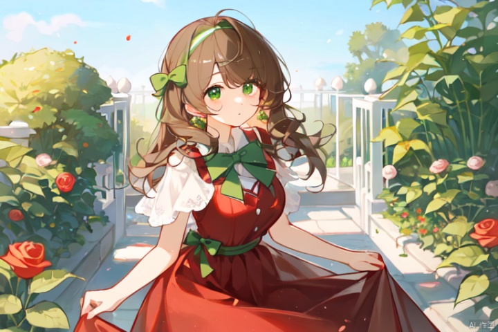 Upwardly upturned bangs, knee length large wavy curly hair, center cut bangs, center cut hairstyle, with a green bow on the head, headband, bow, brown hair, red green eyes, different pupils, two eyes of different colors, one red and one green, formal dress, rose garden