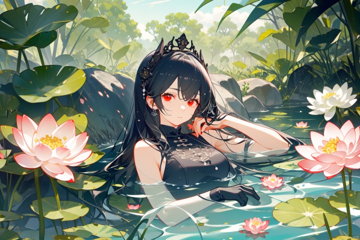 Taoist, lying on a river of blood, holding lotus flowers in his hand. The lotus flowers are stacked on top of him, creating a dark atmosphere. A girl with black hair and red eyes is lying in the water, creating a dark, evil, and gloomy atmosphere. Dark tone,lying,lying in the water,supine,Complex hairstyles, hair accessories

