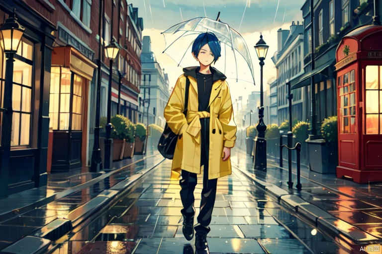 Overcast, rainy, umbrella, yellow raincoat, blue hair, hair length up to waist, male, full body picture,London