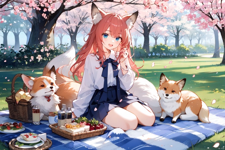 Cherry blossom forest, picnic, red haired fox ear, blue eyed girl