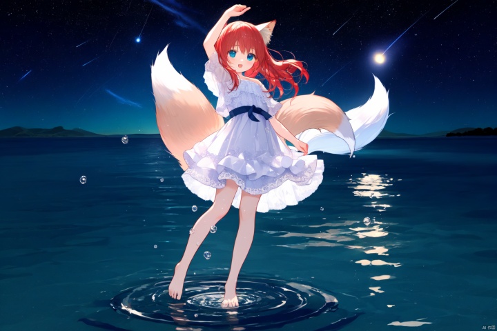 Layered white lace skirt, water surface, full body picture, barefoot stepping on the water surface, ripples, falling from the sky to the water surface, red hair, blue eyes, fox ear girl, starry sky, dancing posture