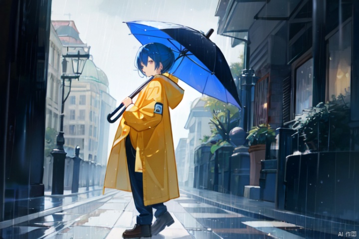 Overcast, rainy, umbrella, yellow raincoat, blue hair, hair length up to waist, male, full body picture