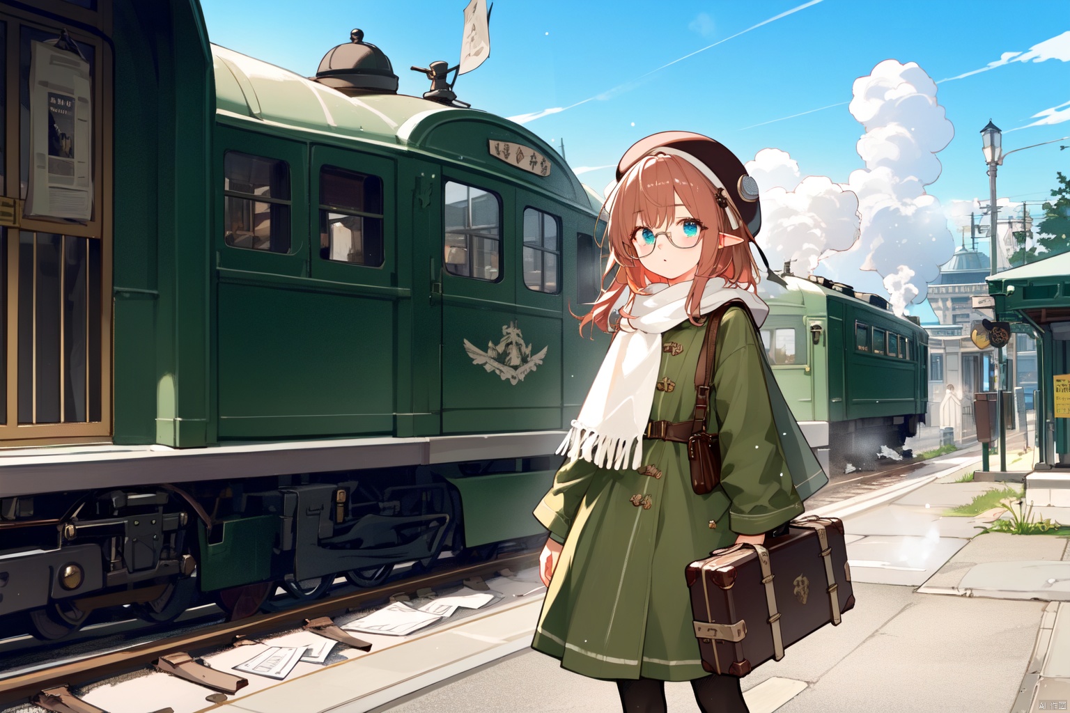 Red haired, blue eyed, fox eared girl, green dress, small shawl, beret, steam style glasses, brown leather suitcase, bronze steam train, steam train station, newspaper, robot bird