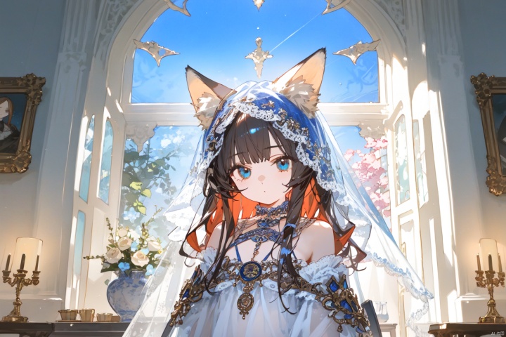 Red haired blue eyed fox ear girl, European classical glass window, moonlight, veil, tarot brand