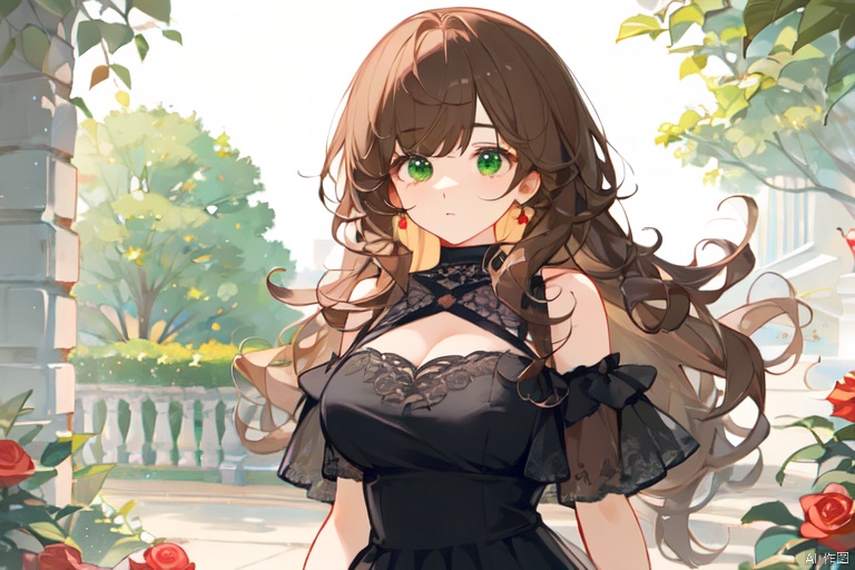 Upwardly upturned bangs, large wavy curly hair, center cut bangs, brown hair, red and green eyes, different pupils, two eyes of different colors, formal dress, rose garden