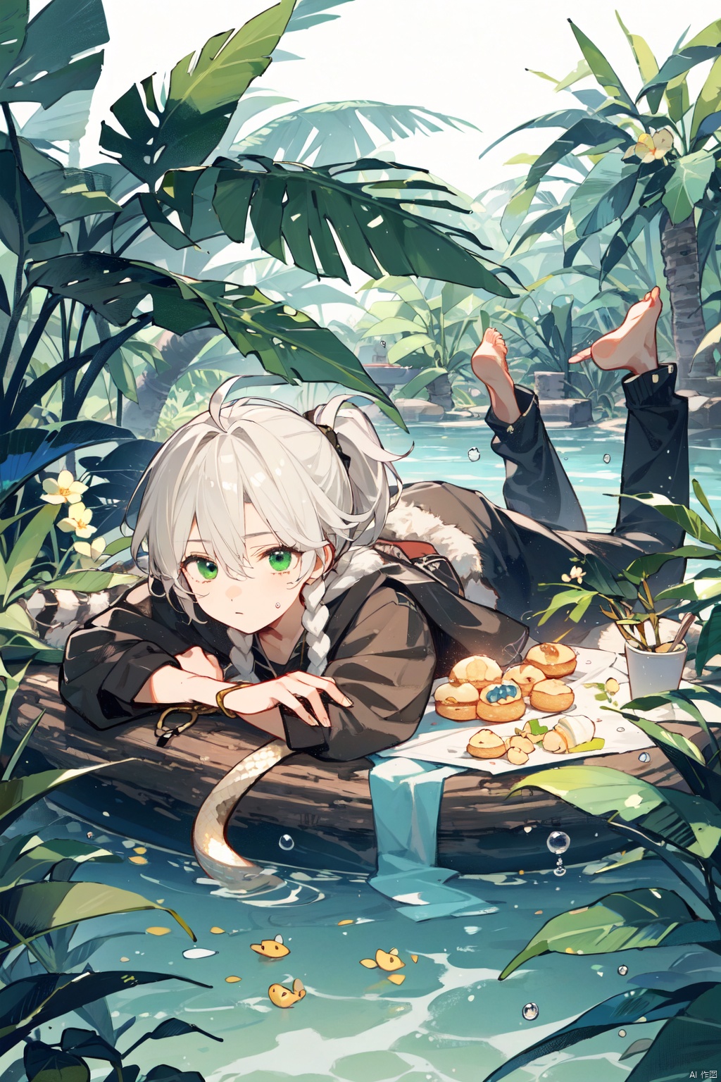 Teenager, male, rainforest, cane, collapsed tree trunk, boy lying on the tree trunk, white hair, green eyes, water, ponytail, snake pupil, small Fried Dough Twists braids on the temples, brown clothes, primitive jungle style