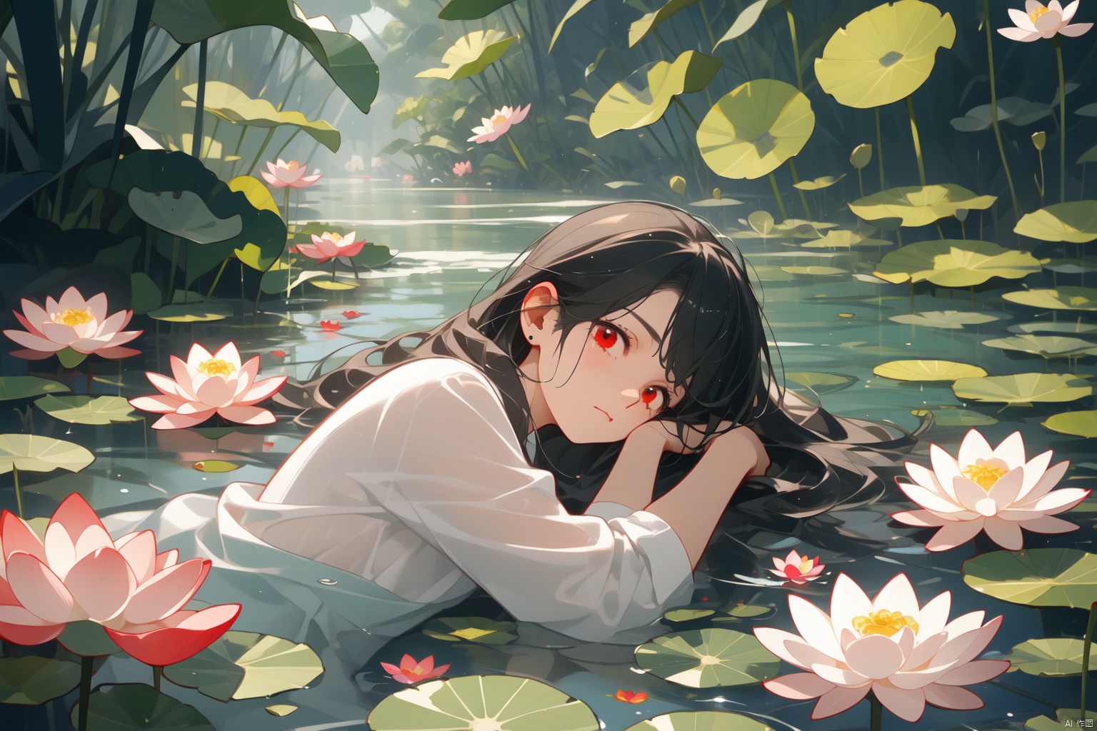 Taoist, lying on a river of blood, holding lotus flowers in his hand. The lotus flowers are stacked on top of him, creating a dark atmosphere. A girl with black hair and red eyes is lying in the water, creating a dark, evil, and gloomy atmosphere. Dark tone,lying,lying in the water,
仰躺supine

