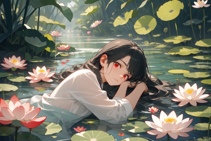 Taoist, lying on a river of blood, holding lotus flowers in his hand. The lotus flowers are stacked on top of him, creating a dark atmosphere. A girl with black hair and red eyes is lying in the water, creating a dark, evil, and gloomy atmosphere. Dark tone,lying,lying in the water,
仰躺
supine

