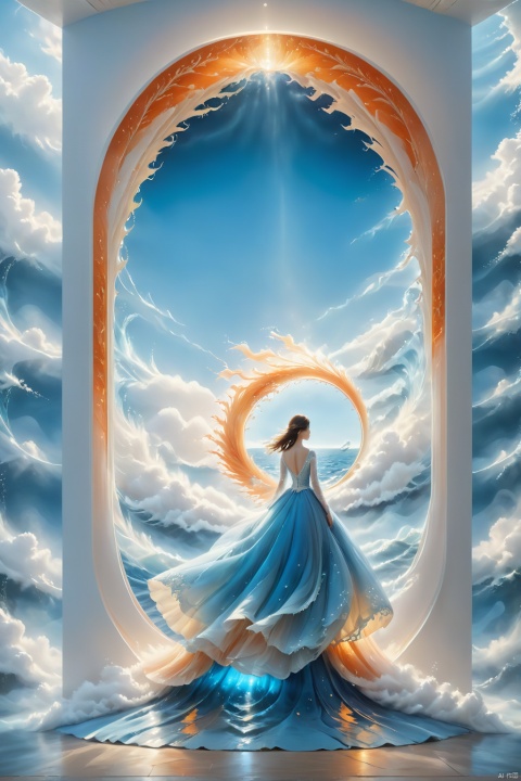  A 4K abstract portal, with a surrealistic, yet realistic, design and a captivating atmosphere., scenery, 1girl,from behind,Tyndall phenomenon,best quality,Super detailed,actual,professional,blue lace wedding dress,rows of orange beams,cloud,mist,,White minimalist,partial reflection,Desktop Wallpapers, ocean style