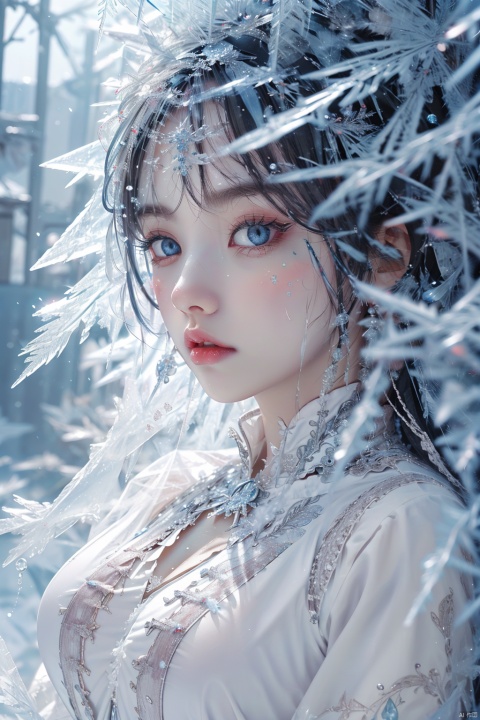 (ice),((best quality)), ((masterpiece)), ((ultra-detailed)), extremely detailed CG, (illustration), ((detailed light)), (an extremely delicate and beautiful), a girl, solo, ((upper body,)), ((cute face)), expressionless, (beautiful detailed eyes), full breasts, (medium breasts:1.2), blue dragon eyes, (Vertical pupil:1.2), white hair, shiny hair, colored inner hair, [Armor_dress], blue_hair ornament, ice adorns hair,depth of field, [ice crystal], (snowflake), (\shuang hua\), (\nian nian you yu\), (\huo yan shao nv\)