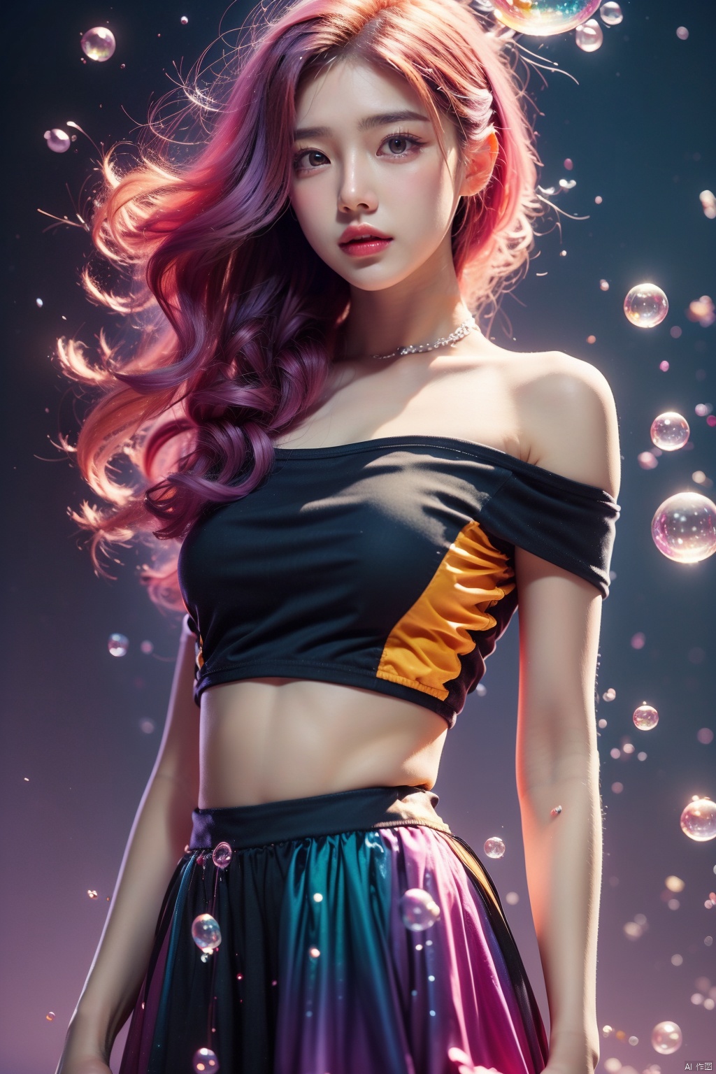 Color girl, 1 girl, color bubble, multi-color bubble, close-up, sideways, upper body, above hips, off-the-shoulder, tube top dress, black suspender, looking at the camera, short hair, purple gradient hair, gradient background, color bubble background, depth of field, hands, streamer, no hands.