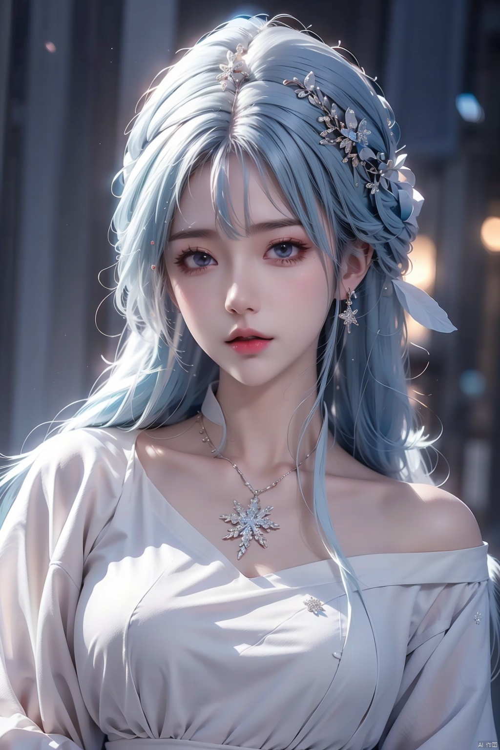  ((best quality)), ((masterpiece)), ((ultra-detailed)), extremely detailed CG, (illustration), ((detailed light)), (an extremely delicate and beautiful), a girl, solo, ((upper body,)), ((cute face)), expressionless, (beautiful detailed eyes), full breasts, (medium breasts:1.2), blue dragon eyes, (Vertical pupil:1.2), white hair, shiny hair, colored inner hair, [Armor_dress], blue_hair ornament, ice adorns hair,depth of field, [ice crystal], (snowflake), dofas, (\meng ze\)