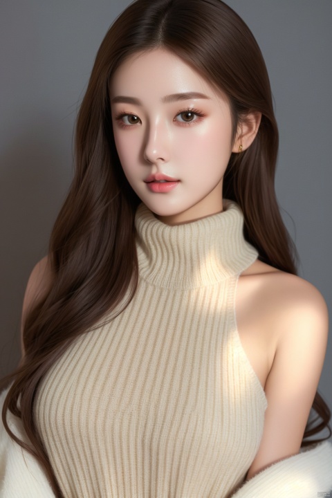 masterpiece, high quality, 8k uhd, realistic, perfect face, beautiful face, sweater, turtleneck, sleeveless, bare shoulder, gorgeous, gorgeous female, beautiful, perfect round breasts, charming, perfect female body, fancy lighting, perfect skin, soft skin
, ((poakl))