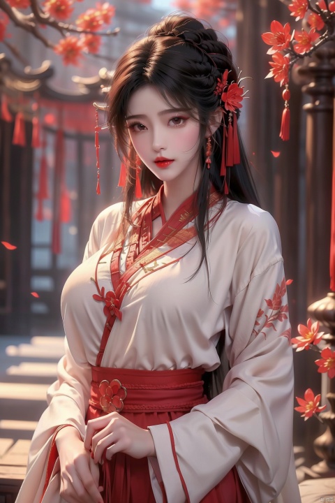  ((1girl)),(large breasts:1.5),jewelry,solo,hair ornament,necklace,chinese clothes,flower,black hair,hanfu,long hair,breasts,blurry,blurry background,upper body,cleavage,red lips,looking at viewer,realistic,dress,hair stick,hair flower,branch, huolinger