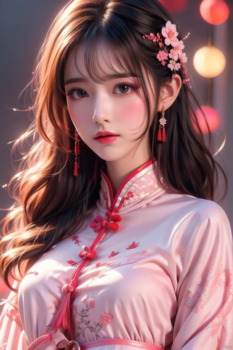 Professional photography, half, 1 girl, (big eyes), [noble ornate Hanfu | Rugroup], applique, embroidery, 8k, exposure mix, medium shoot, Bokeh, (hdr:1.4), high contrast, (Film, pink and white film), (Soft color, dull color, soothing tone :1.3), low saturation, (Super Detail :1.2), (Black :0.4),
