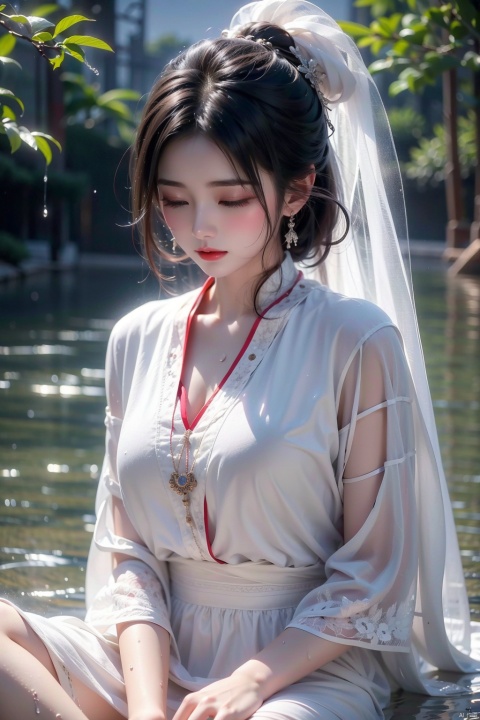  (8k, RAW photo, best quality, masterpiece:1.2),masterpiece,best quality,realistic,photorealistic,extremely detailed,Homestay,ethnic style,1girl,solo,nature,black hair,water,wading,short hair,dress,closed eyes,rain,realistic,wet,