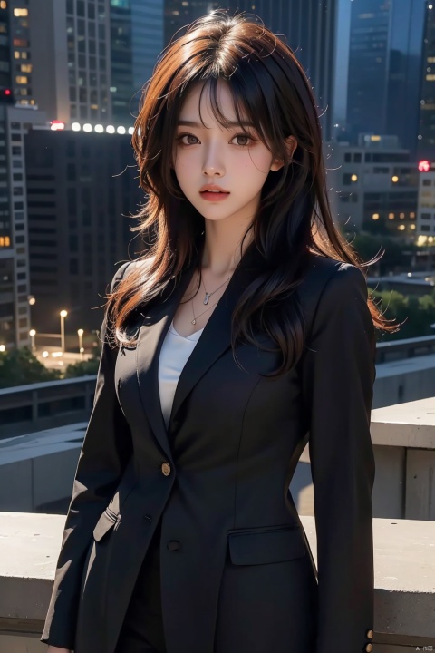  HDR, UHD, 8K, Highly detailed, best quality, masterpiece,1girl, messy hair,black suit,looking at viewer,Photos, photography, ((poakl))