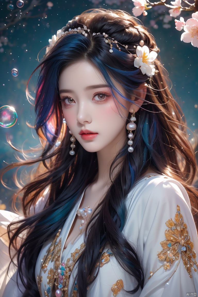  (masterpiece), (best quality), (ultra-detailed), (illustration), 1girl, mixed-blood, stars in the eyes, cherry blossoms, messy floating hair, crystal earrings, colored inner hair, Starry sky adorns hair, (colorful Bubble), (pearl), (Galaxy), depth of field, upper body, lace-trimmed dress