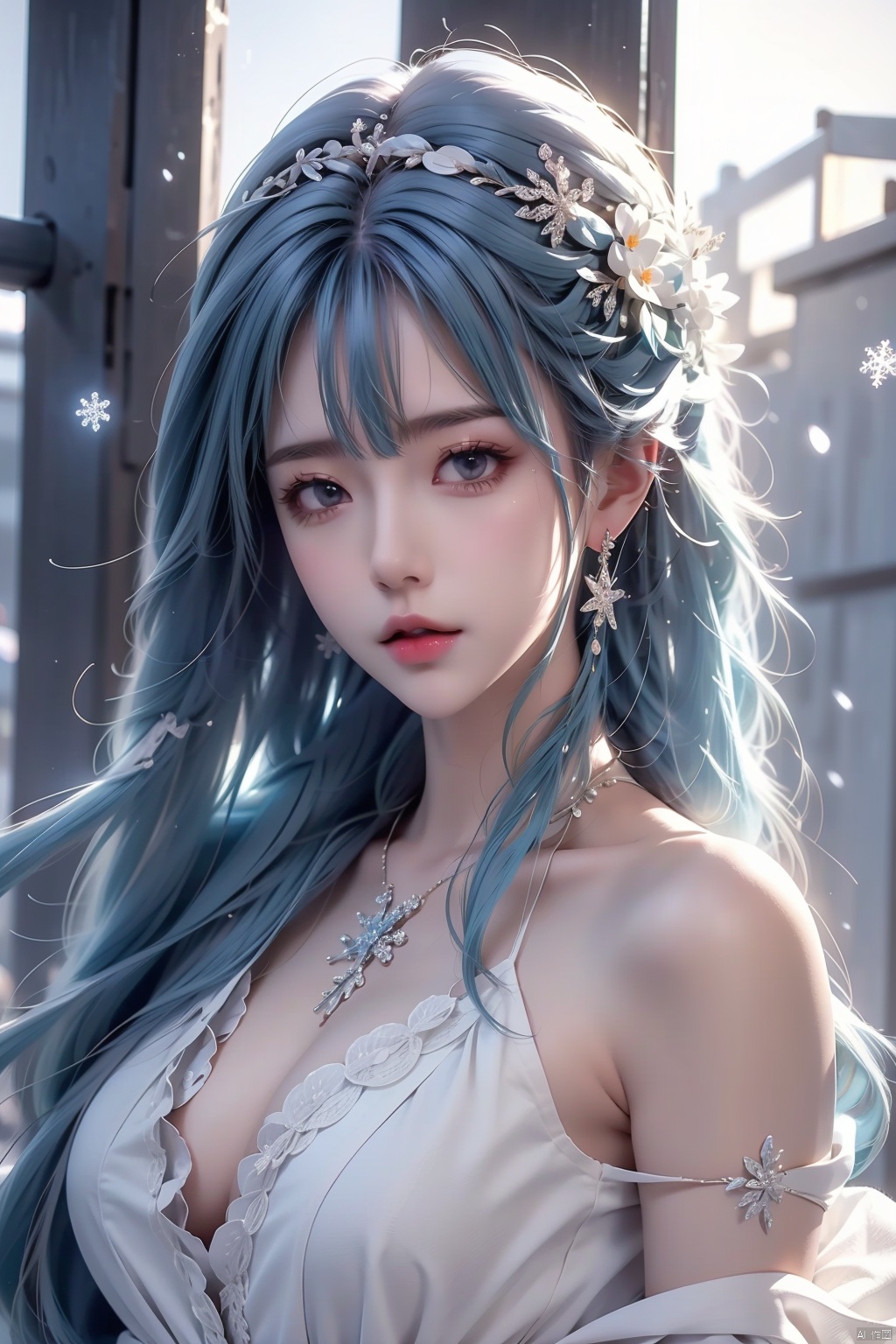  ((best quality)), ((masterpiece)), ((ultra-detailed)), extremely detailed CG, (illustration), ((detailed light)), (an extremely delicate and beautiful), a girl, solo, ((upper body,)), ((cute face)), expressionless, (beautiful detailed eyes), full breasts, (medium breasts:1.2), blue dragon eyes, (Vertical pupil:1.2), white hair, shiny hair, colored inner hair, [Armor_dress], blue_hair ornament, ice adorns hair,depth of field, [ice crystal], (snowflake), dofas, (\meng ze\)
