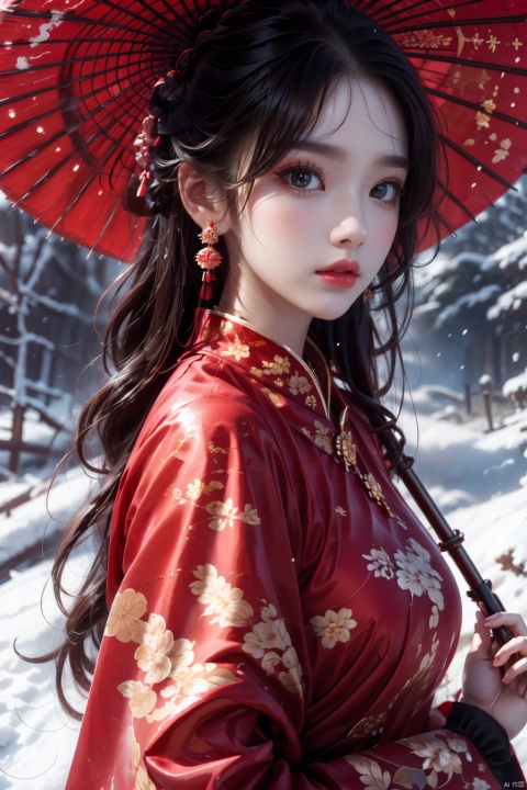  1girl, solo, long hair, looking at viewer, black hair, red eyes, long sleeves, holding, jewelry, upper body, earrings, outdoors, parted lips, Chinese clothes, from side, makeup, umbrella, lipstick, holding umbrella, red lips, oil-paper umbrella, red umbrella, QINGYI, ((poakl))