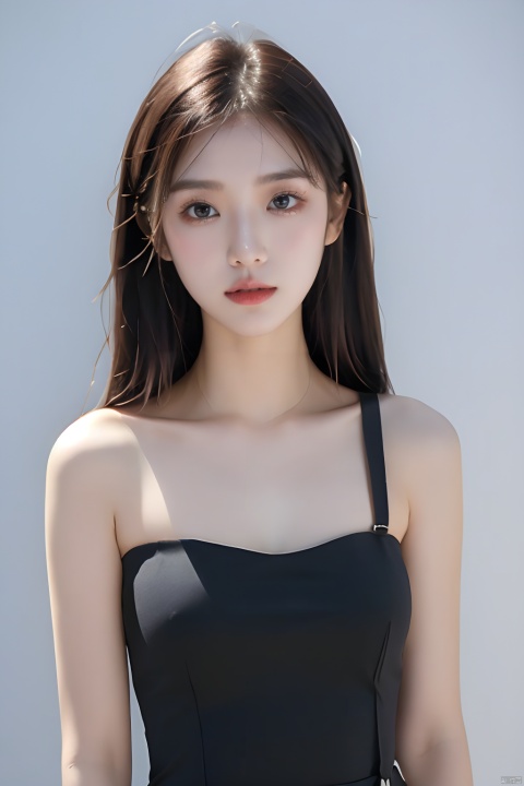 Masterpieces, best quality, authenticity, photos, girls, solo, black hair, aquamarine eyes, long hair, suspender dress, medium chest, upper body, simple and elegant clothes, simple clothes, tube top, sleeveless, light clothes,