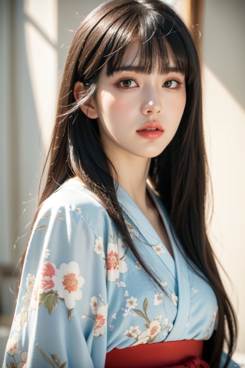  Best quality , masterpiece , ultra high res , raw photo , detail face , detailed skin ,( realistic , photo - realistic :1.3). dramatic lighting . light on face ,1girl, solo, long hair, looking at viewer, bangs, black hair, upper body, parted lips, japanese clothes, blunt bangs, kimono, lips, eyelashes, floral print, portrait, nose