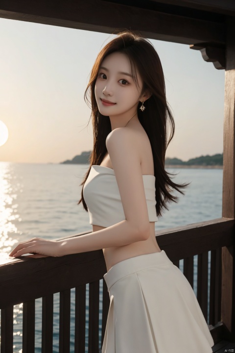  best quality, masterpiece, realistic,cowboy_shot,(Good structure), DSLR Quality,Depth of field,kind smile,looking_at_viewer,Dynamic pose, 
1girl, solo, long hair, , looking at viewer, skirt, hair ornament, bare shoulders, jewelry, , black hair, earrings, outdoors, midriff, water, necklace, lips, crop top, grey eyes, leaning forward, ocean, white skirt, strapless vest, sunset, sun, , , longni