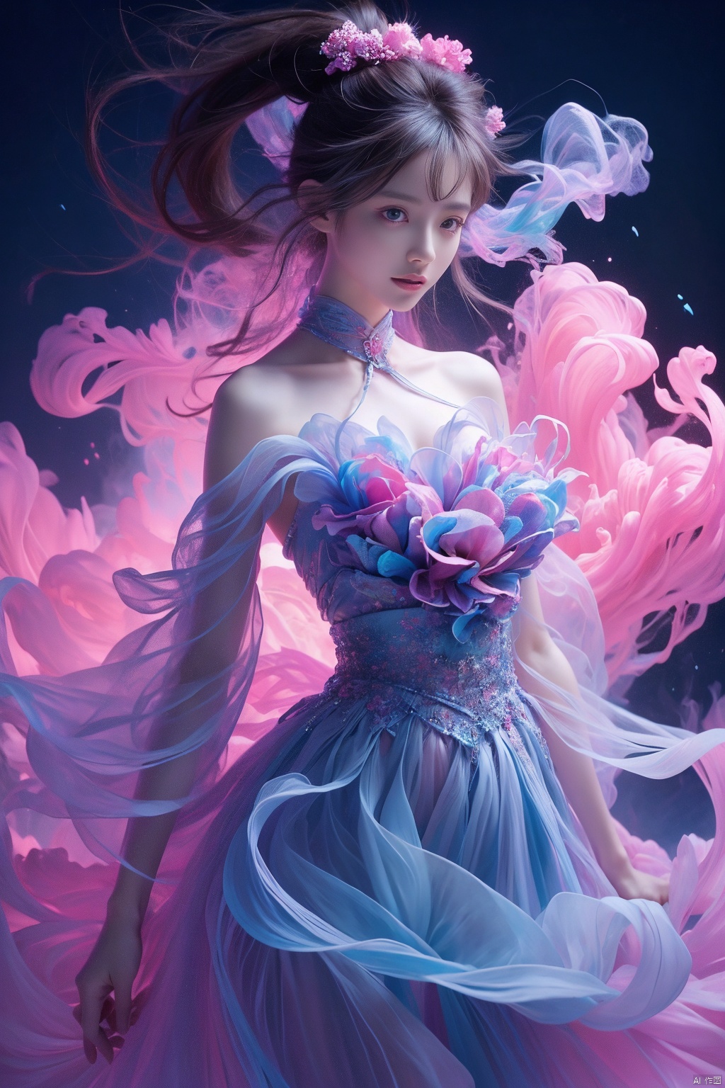  best quality, masterpiece, cowboy_shot,(Good structure), DSLR Quality,Depth of field,kind smile,looking_at_viewer,Dynamic pose, 
 Surrealism Dream Style,glowing neon color,RAW photo,at night,1girl,solo,sea,black hair,ponytail,looking at viewer,long hair,up,lips,sash,water splaashing,hair ornament,realistic,wide sleeves,hanfu,long dress,Semi transparent gauze skirt,surrealist,Best quality,masterpiece,ultra high res,Petal skirt,wind,flowers,bloom,Clouds,smoke,neon lights, 80sDBA style, 1 girl, , , wangyushan