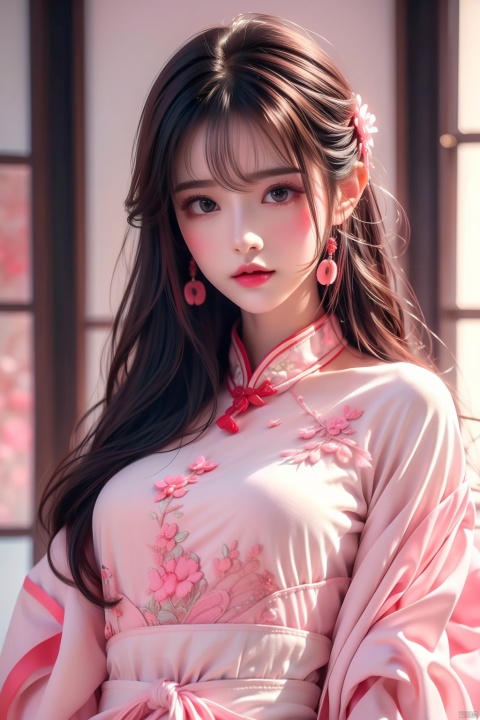 Professional photography, half, 1 girl, (big eyes), [noble ornate Hanfu | Rugroup], applique, embroidery, 8k, exposure mix, medium shoot, Bokeh, (hdr:1.4), high contrast, (Film, pink and white film), (Soft color, dull color, soothing tone :1.3), low saturation, (Super Detail :1.2), (Black :0.4),