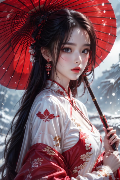  1girl, solo, long hair, looking at viewer, black hair, red eyes, long sleeves, holding, jewelry, upper body, earrings, outdoors, parted lips, Chinese clothes, from side, makeup, umbrella, lipstick, holding umbrella, red lips, oil-paper umbrella, red umbrella, QINGYI