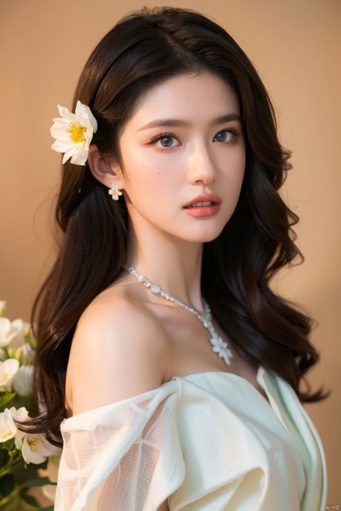  1girl, solo, looking at viewer, short hair, blue eyes, blonde hair, hair ornament, dress, bare shoulders, jewelry, closed mouth, upper body, flower, earrings, hair flower, necklace, off shoulder, white dress, white flower, gem, liuyifei, ((poakl))