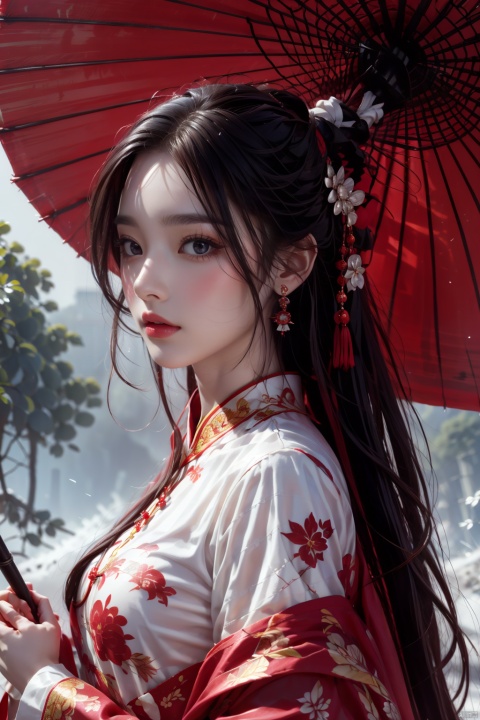 1girl, solo, long hair, looking at viewer, black hair, red eyes, long sleeves, holding, jewelry, upper body, earrings, outdoors, parted lips, Chinese clothes, from side, makeup, umbrella, lipstick, holding umbrella, red lips, oil-paper umbrella, red umbrella, QINGYI, ((poakl)),Don't show fingers