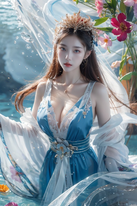  a dreamy and beautiful scene,flower dress,blue seawater,sea level,(there are many flowers on the clothes:1.3),frontlight,ambient_light,light_rays,(clarityblue:1.3),sexy,large chest,the girl is lying on the water surface,(a lot of flowers:1.3),ripples,ripple,dark blue,float,bubble,HDR,UHD,8K,best quality,masterpiece,realistic,highres,masterpiece, ((poakl))