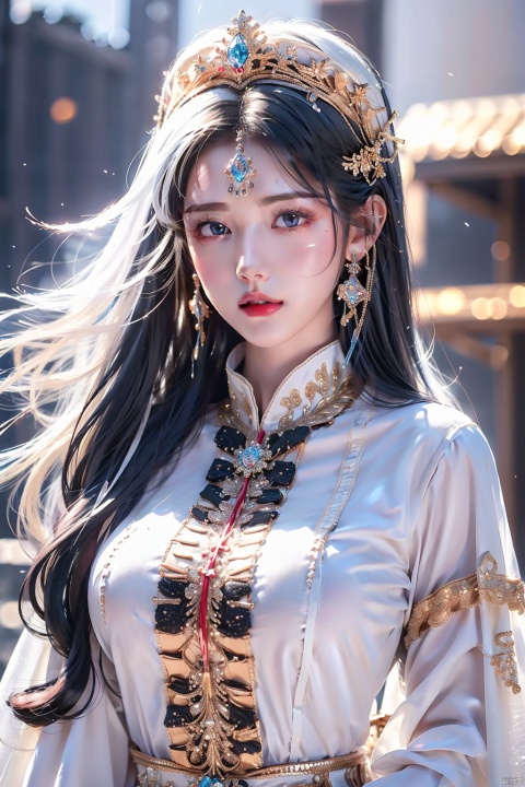  ((best quality)), ((masterpiece)), ((ultra-detailed)), extremely detailed CG, (illustration), ((detailed light)), (an extremely delicate and beautiful), a girl, solo, Jewels, headgear,((upper body,)), ((cute face)), expressionless, (beautiful detailed eyes), full breasts, (medium breasts:1.2), blue dragon eyes, (Vertical pupil:1.2), white hair, shiny hair, colored inner hair, [Armor_dress], blue_hair ornament, ice adorns hair,depth of field, [ice crystal], (snowflake), 1 girl, ((poakl))