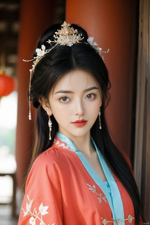  (photorealistic, best quality, ultra high res, extremely detailed eyes and face:1.3),(1girl, solo:1.3),skirt,jewelry,long_hair,necklace,earrings,perfect body,standing,looking at viewer,chinese clothes,hanfu,Updo hair, elaborate headdress,half body.